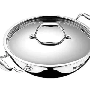 BERGNER Argent TriPly Stainless Steel 24cm Deep Kadai Stainless Steel Lid, 3.8 L Deep Kadhai, Food Safe, Stay Cool Cast Ha...
