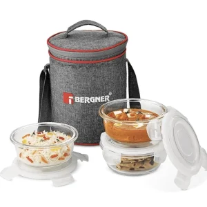 BERGNER Fresh Lunch Premium 3 Pcs Lunch Box Set - Microwave Safe and Leak Proof 3 Glass Containers (400ml Each) BPA Free L...