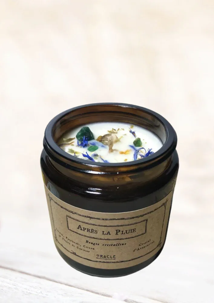 Bougie "Après la Pluie " Vétiver, Patchouli, Citron, Menthe verte & Fleurs de Cerisier, Aventurine verte Atelier Oracle