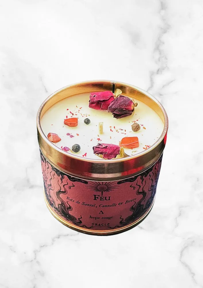 Bougie Elément "Feu" Bois de Santal, Cannelle, Poivre noir et Jaspe rouge Atelier Oracle