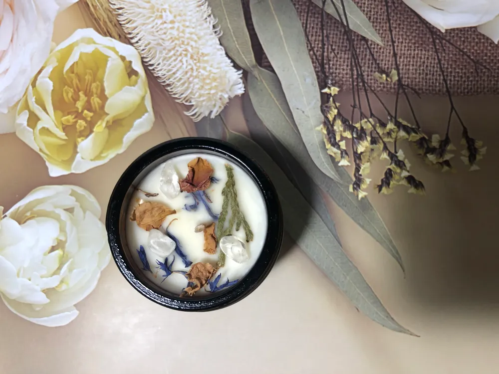 Bougie "Harmonie et Équilibre" Cèdre, Sapin et Lemon grass, cristal de Roche Atelier Oracle