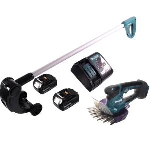Cisaille à gazon sans fil Makita DUM 604 RF 18 V + rallonge de poignée avec rouleau + 2 batteries 3,0 Ah + chargeur