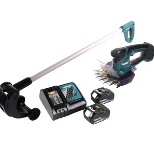 Cisaille à gazon sans fil Makita DUM 604 RG 18 V + rallonge de poignée avec rouleau + 2 batteries 6,0 Ah + chargeur