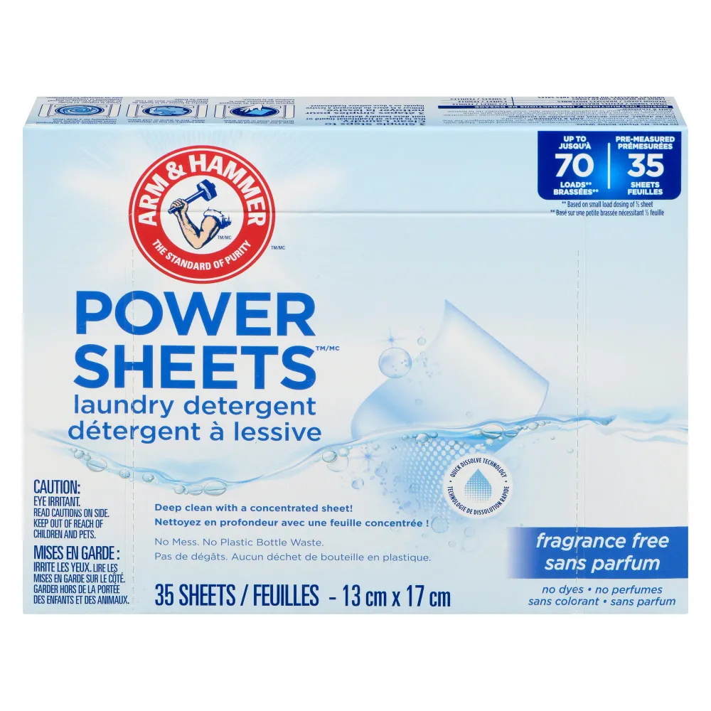 ARM & HAMMER Power Sheets Détergent à Lessive Sans Parfum, emb. de 35