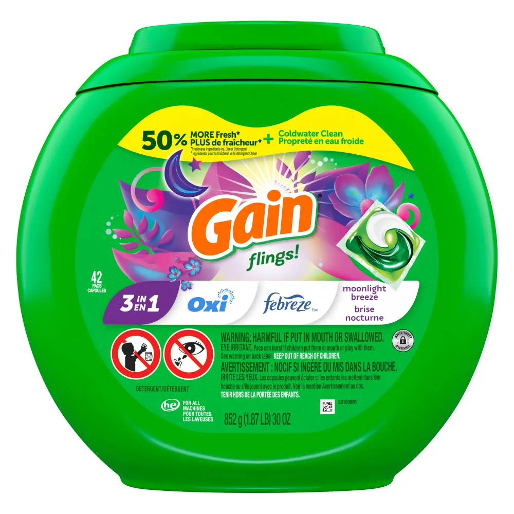 Capsules de détergent à lessive 3-en-1 Gain Flings, parfum Moonlight Breeze, emb. de 42