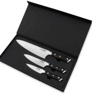 Coffret 3 couteaux de cuisine japonais (chef 21 cm, office 9 cm, universel 15 cm) manche Ébène FUKITO