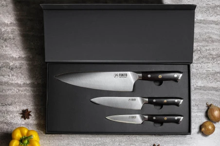 Coffret 3 couteaux de cuisine japonais (chef 21 cm, office 9 cm, universel 15 cm) manche Ébène FUKITO