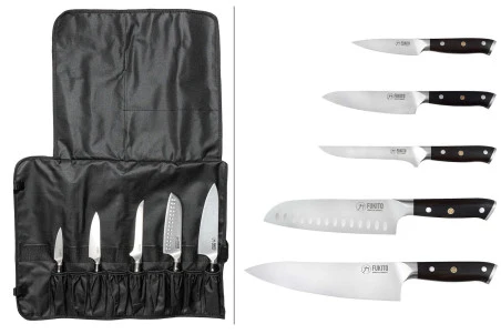 Mallette 5 couteaux de cuisine professionnels (office 9cm, universel 15cm, désosseur 15cm, santoku alvéolé 18cm, chef 21cm...