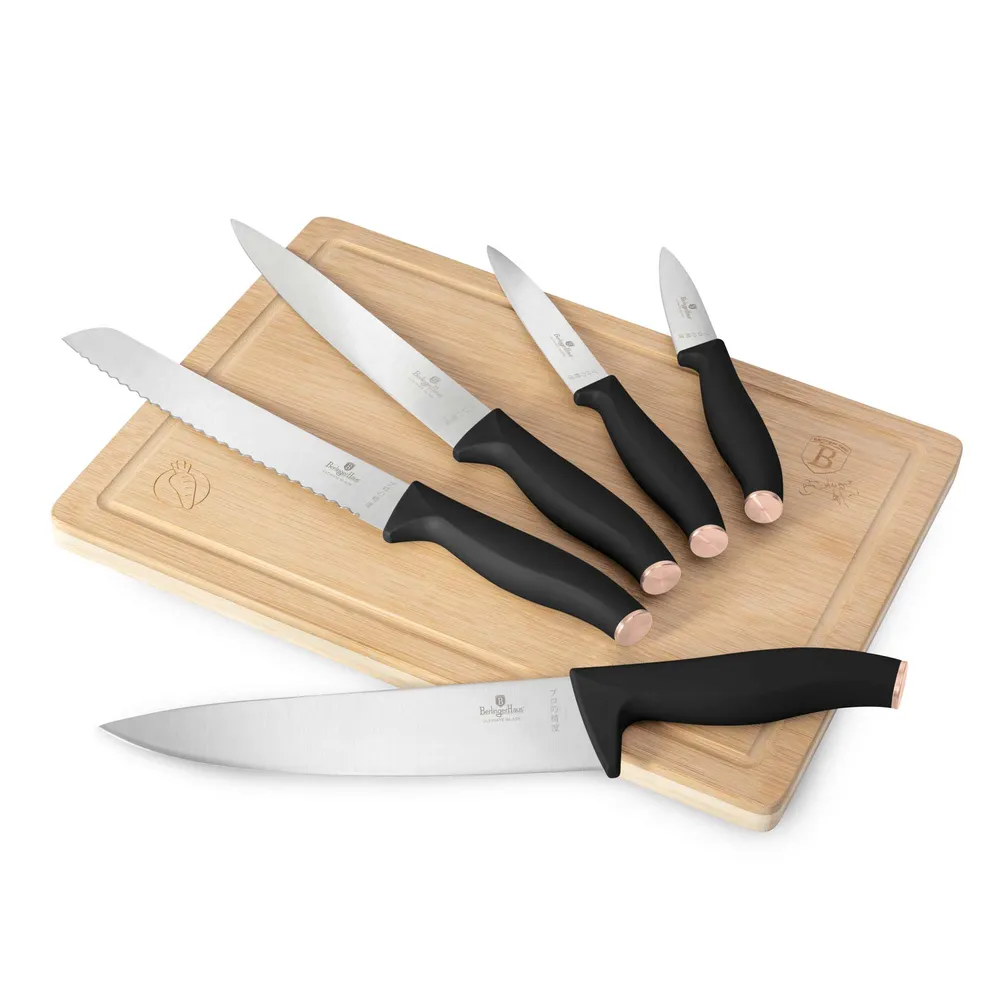 Ensemble de 6 couteaux avec planche à découper en bambou