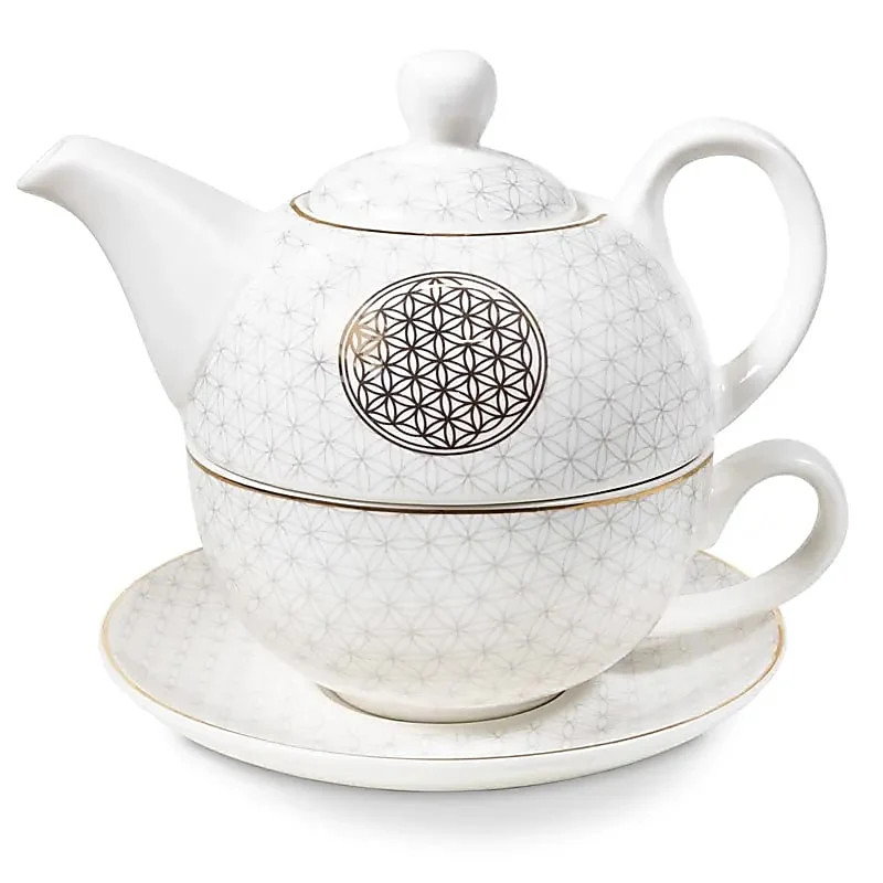 🫖 Théière, très beau service décoré de la Fleur de vie. Tasse et théière deux en un avec soucoupe. En porcelaine Kaolin, 4...