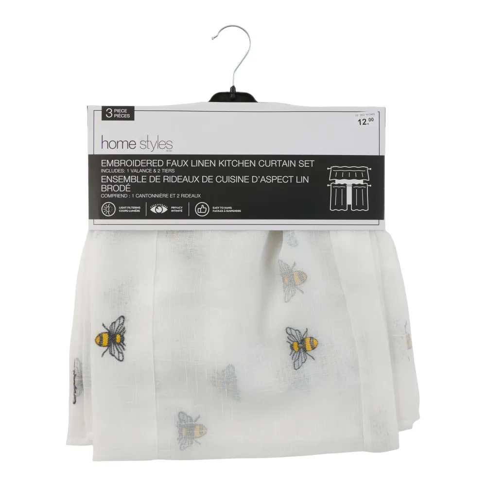 Ensemble de rideaux de cuisine brodés et de cantonnière HomeStyles, 3 pièces