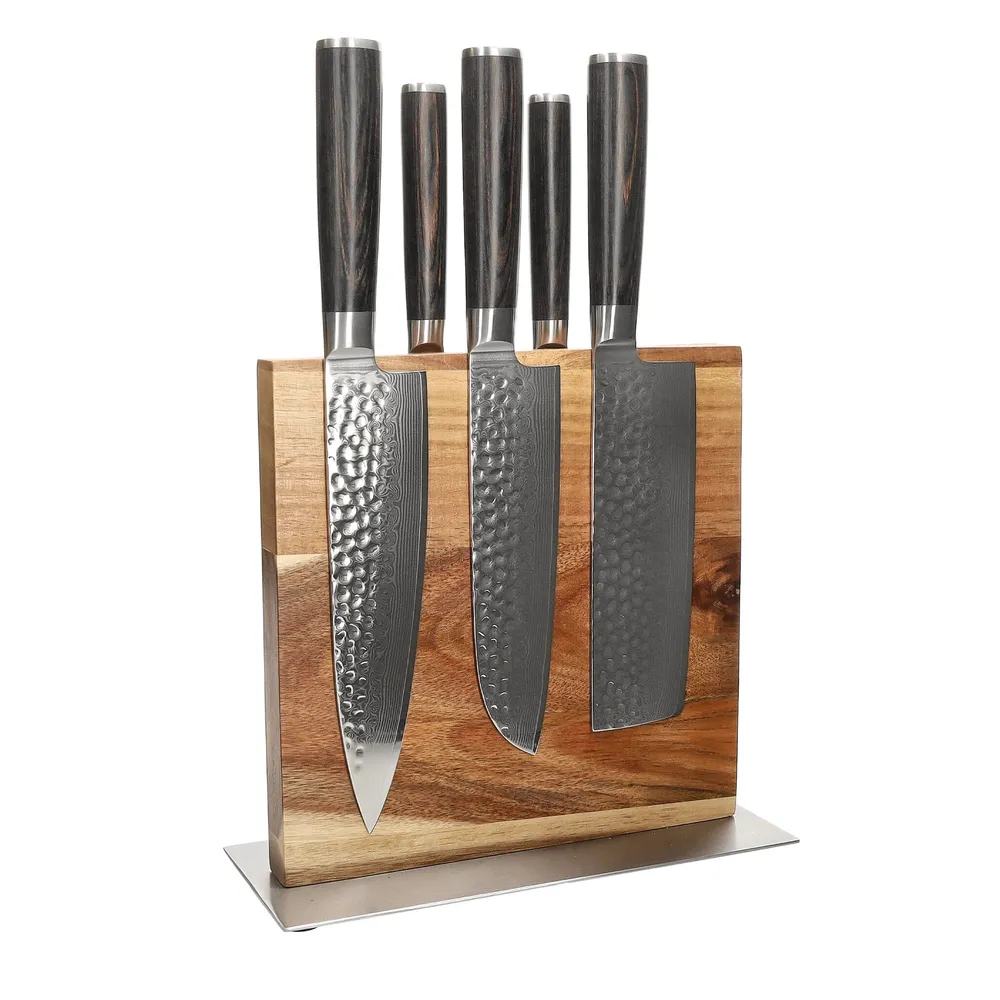 Couteaux Shinrai - Ensemble de 5 couteaux en damas martelé BR + bloc à couteaux double face Cito Shinrai Knives