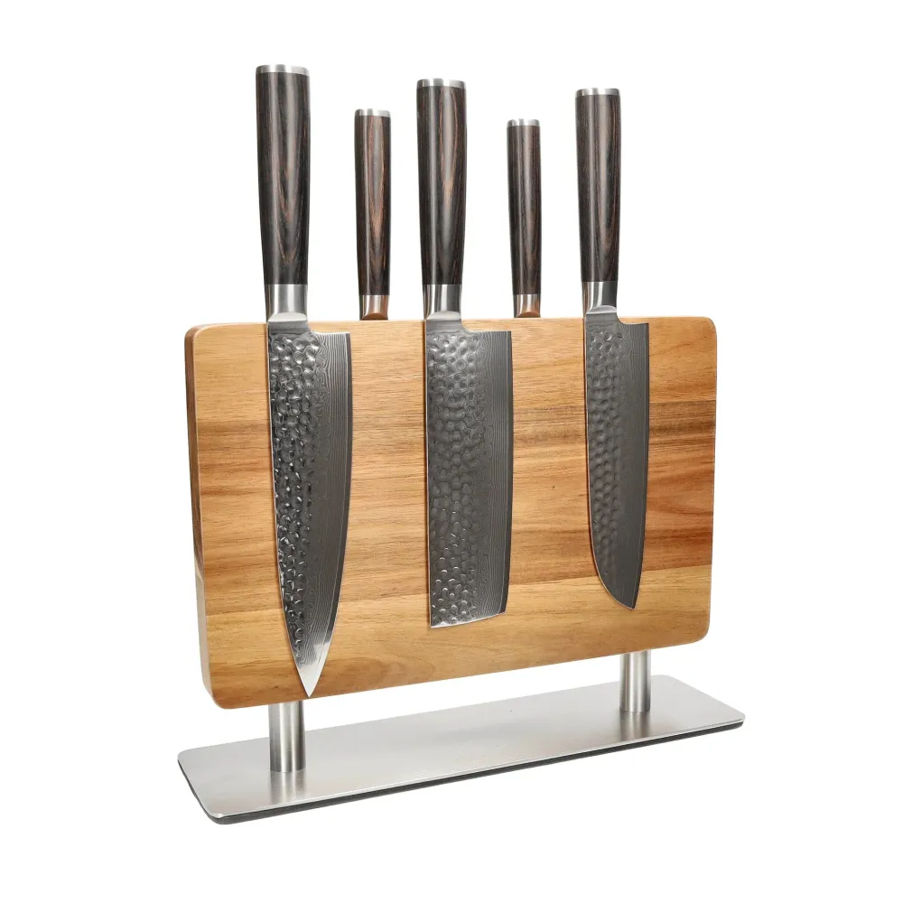 Couteaux Shinrai - Ensemble de 5 couteaux damassés martelés BR + matrice de bloc de couteaux Shinrai Knives