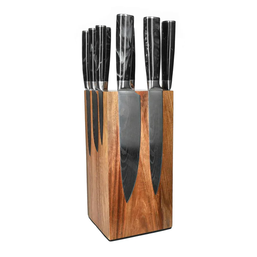 Couteaux Shinrai - Ensemble de 9 couteaux en onyx imprimé Damas + bloc à couteaux rotatif Shinrai Knives