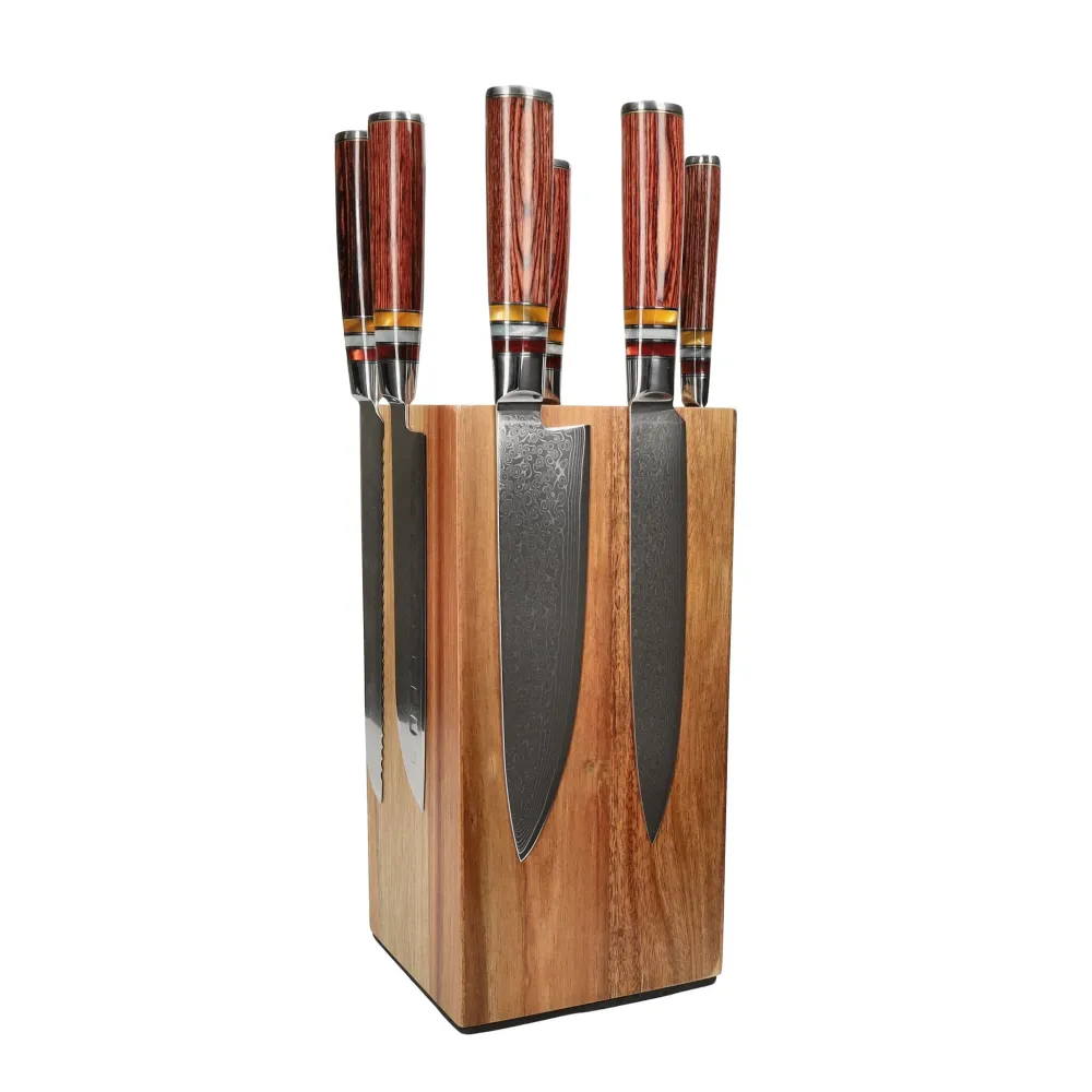 Shinrai Knives - Ensemble de 7 couteaux Micarta Jewels + bloc à couteaux rotatif