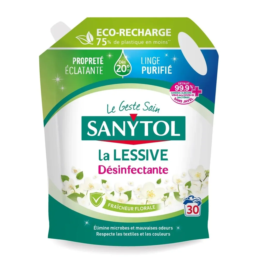 30 doses de recharge de lessive liquide désinfectante fraicheur florale Stokomani