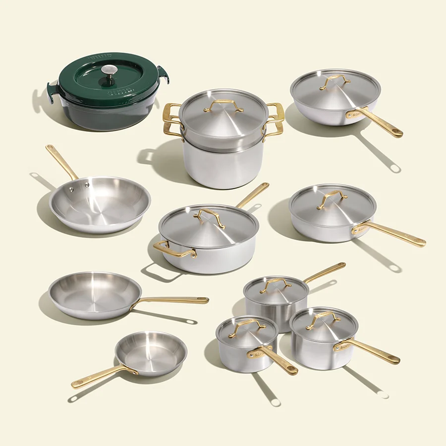 Batterie de cuisine en inox avec manches dorés, 21 pièces