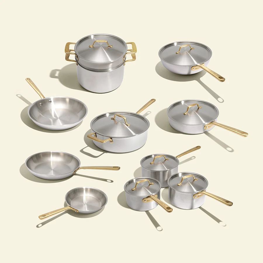 Batterie de cuisine en inox avec manches dorés, 19 pièces