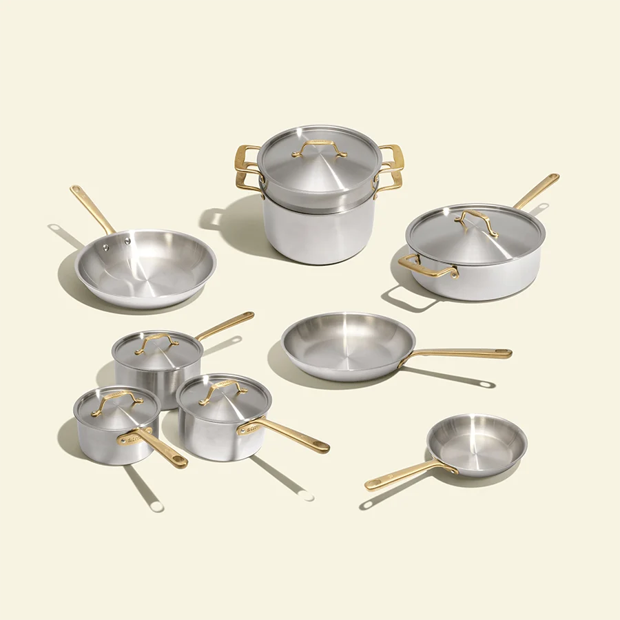 Batterie de cuisine en inox avec manches dorés, 15 pièces