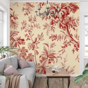 Papier Peint Mural Floral | Motif Rouge Vintage Toile de Jouy