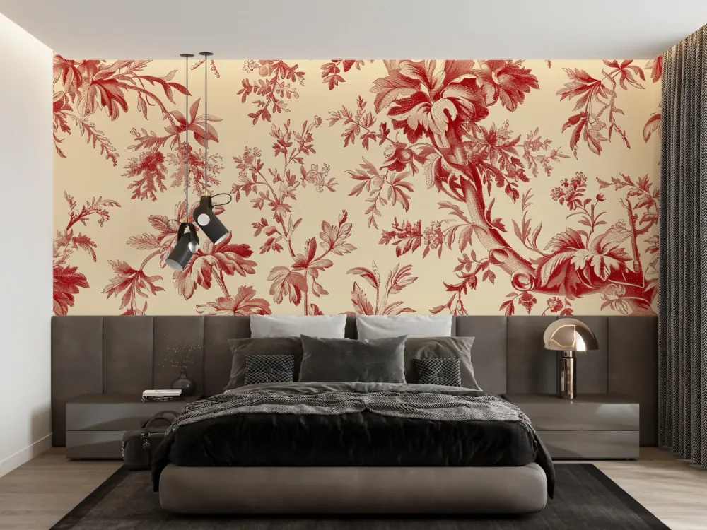 Papier Peint Mural Floral | Motif Rouge Vintage Toile de Jouy