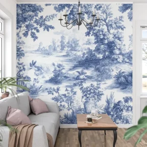 Papier Peint Mural Vintage | Paysage Toile de Jouy Bleu et Blanc
