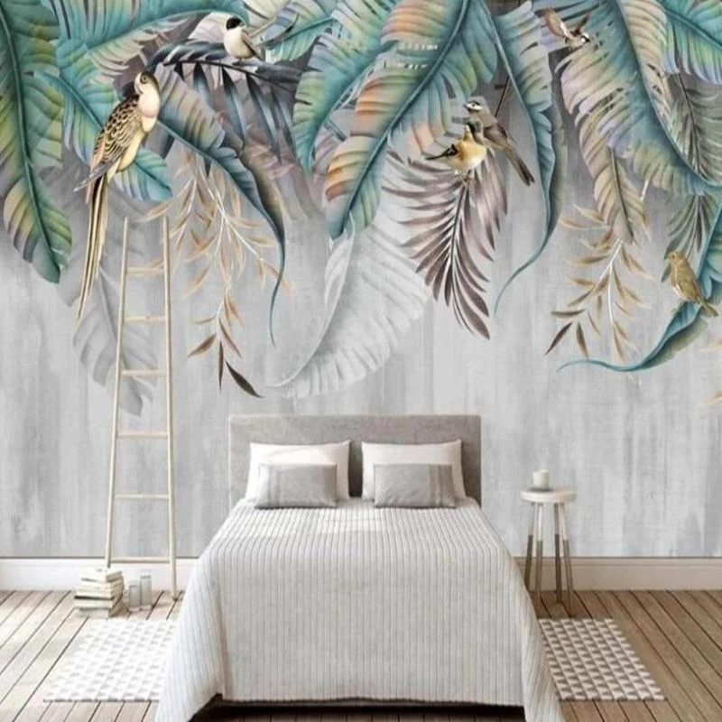Papier Peint Mural Oiseaux Tropicaux | Feuilles Exotiques avec Oiseaux du Paradis