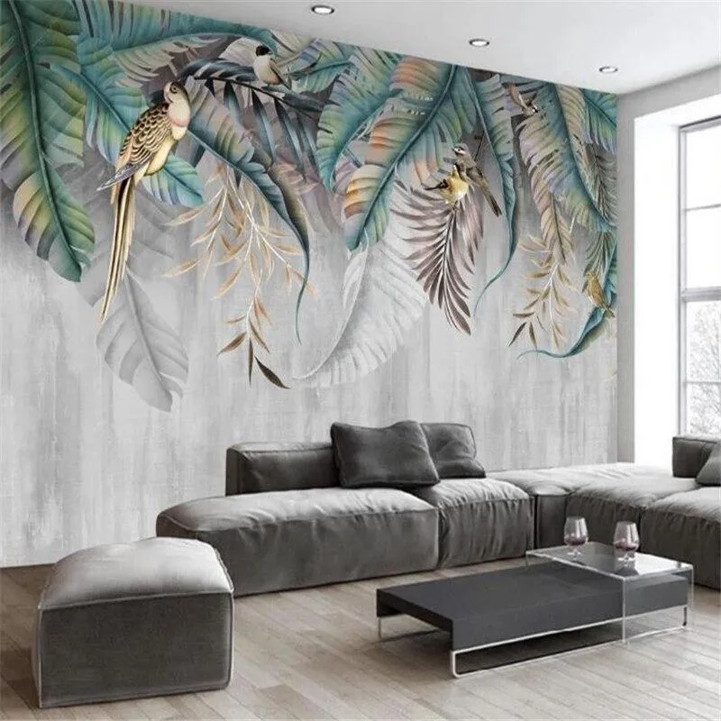 Papier Peint Mural Oiseaux Tropicaux | Feuilles Exotiques avec Oiseaux du Paradis