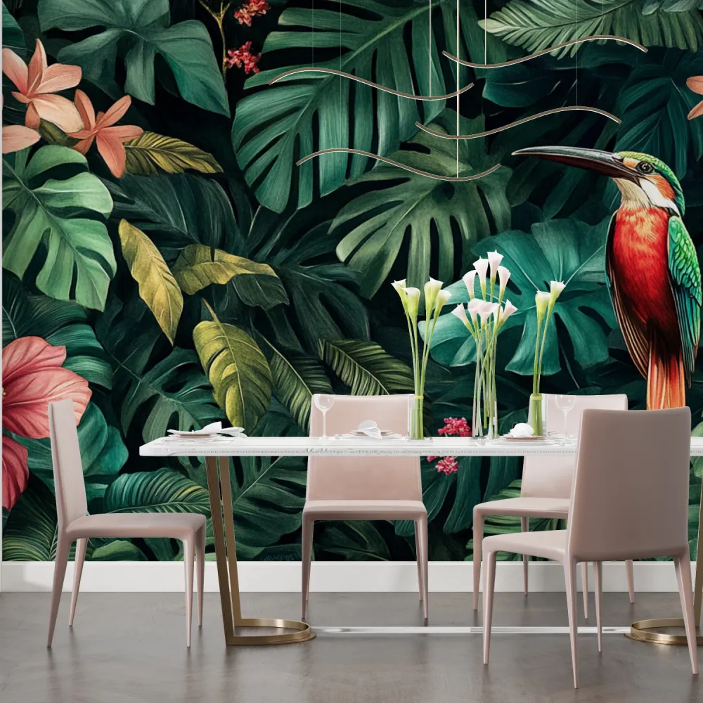 Papier Peint Mural Tropical | Oiseaux Exotiques et Feuilles de Monstera