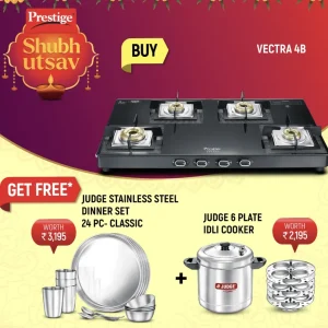 Prestige Vectra 4 Burner Glasstop Gas Stove, Judge Classic Stainless Steel Dinner Set, Set 24 Pieces and Judge Stainless S...