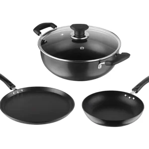 Vinod Hanos Non Stick Cookware Combo Set 3 | 3.1 litre Kadhai and 24cm Frypan Common Glass Lid, 27cm Dosa Tawa | Scratch P...