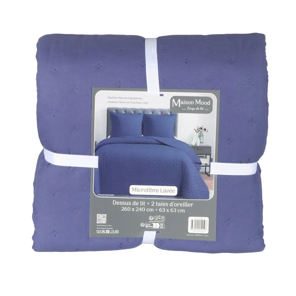 Couvre lit 240x220cm + 2 taies d'oreiller 63x63cm - Bleu Stokomani