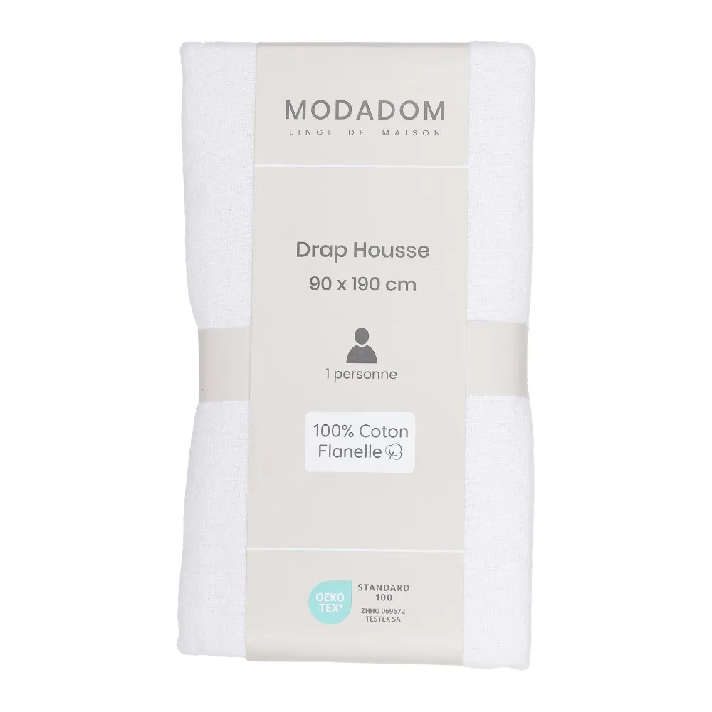 Drap housse 90x190cm 100% coton - Blanc Stokomani