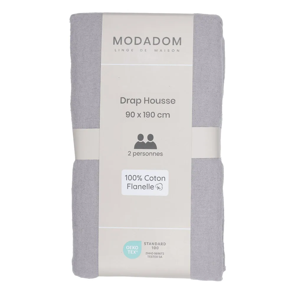 Drap housse 90x190cm 100% coton - Gris Stokomani