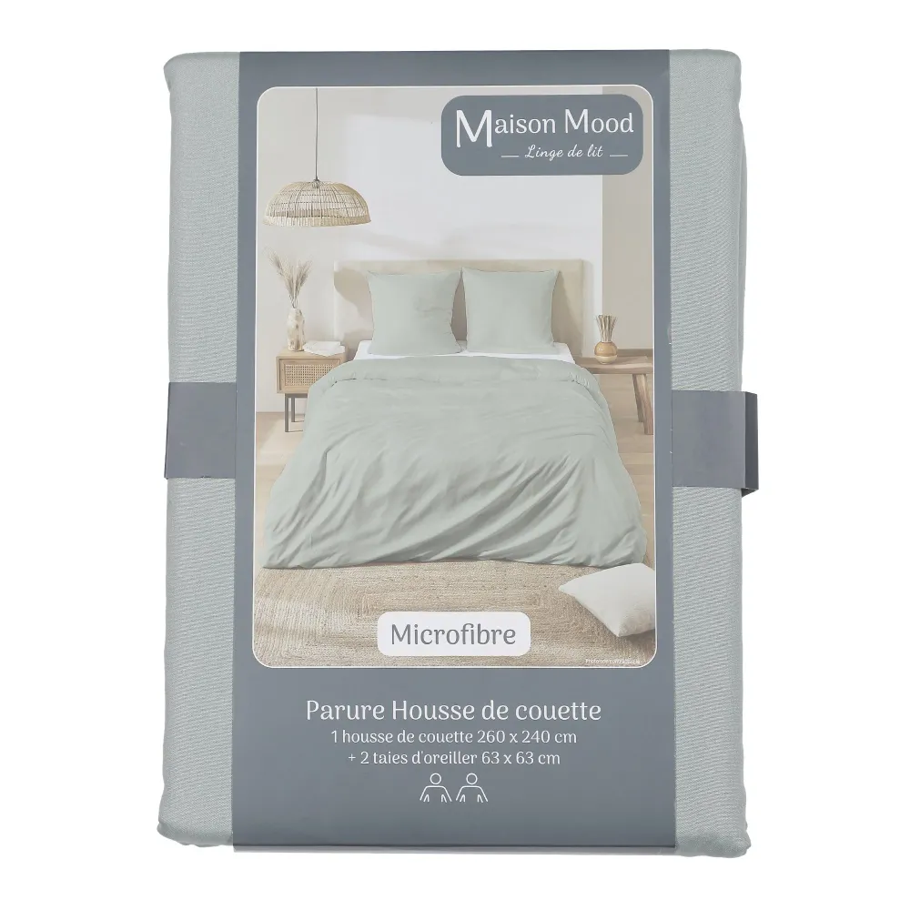 Parure housse de couette unie microfibre 260x240 cm + 2 taies d'oreillers 63x63 cm - Gris Stokomani