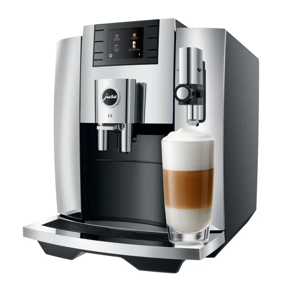 Jura E8 - Machine à espresso automatique avec récipient à lait, glacette et tube à lait en inox CHAP Aubaines
