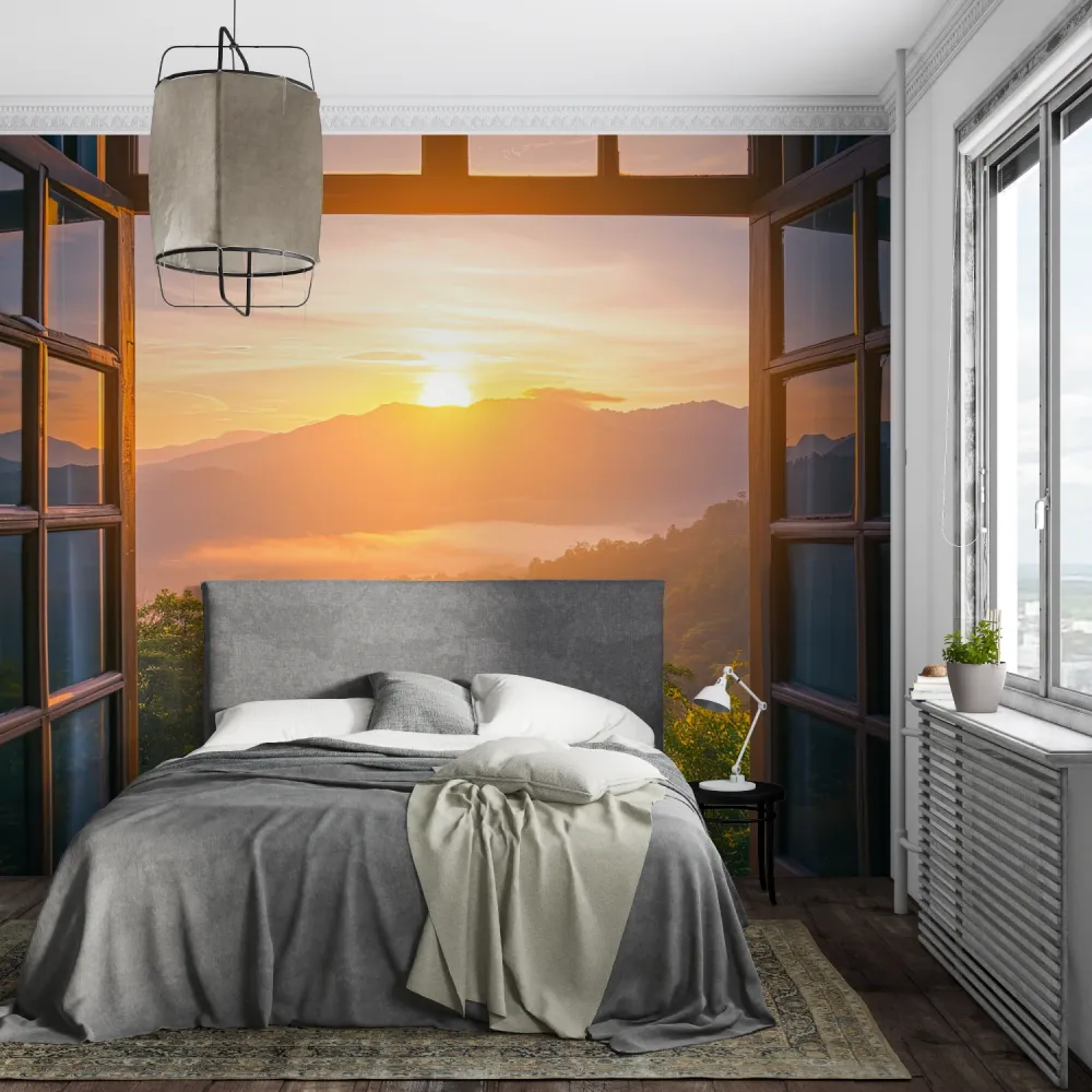 Papier Peint Mural Coucher de Soleil en Montagne | Vue Paysage Heure Dorée