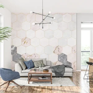 Papier Peint Mural Géométrique | Hexagones en Marbre Rose et Gris avec Or