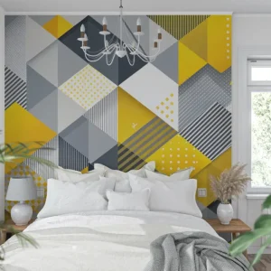 Papier Peint Mural Géométrique | Motif Moderne Jaune et Gris
