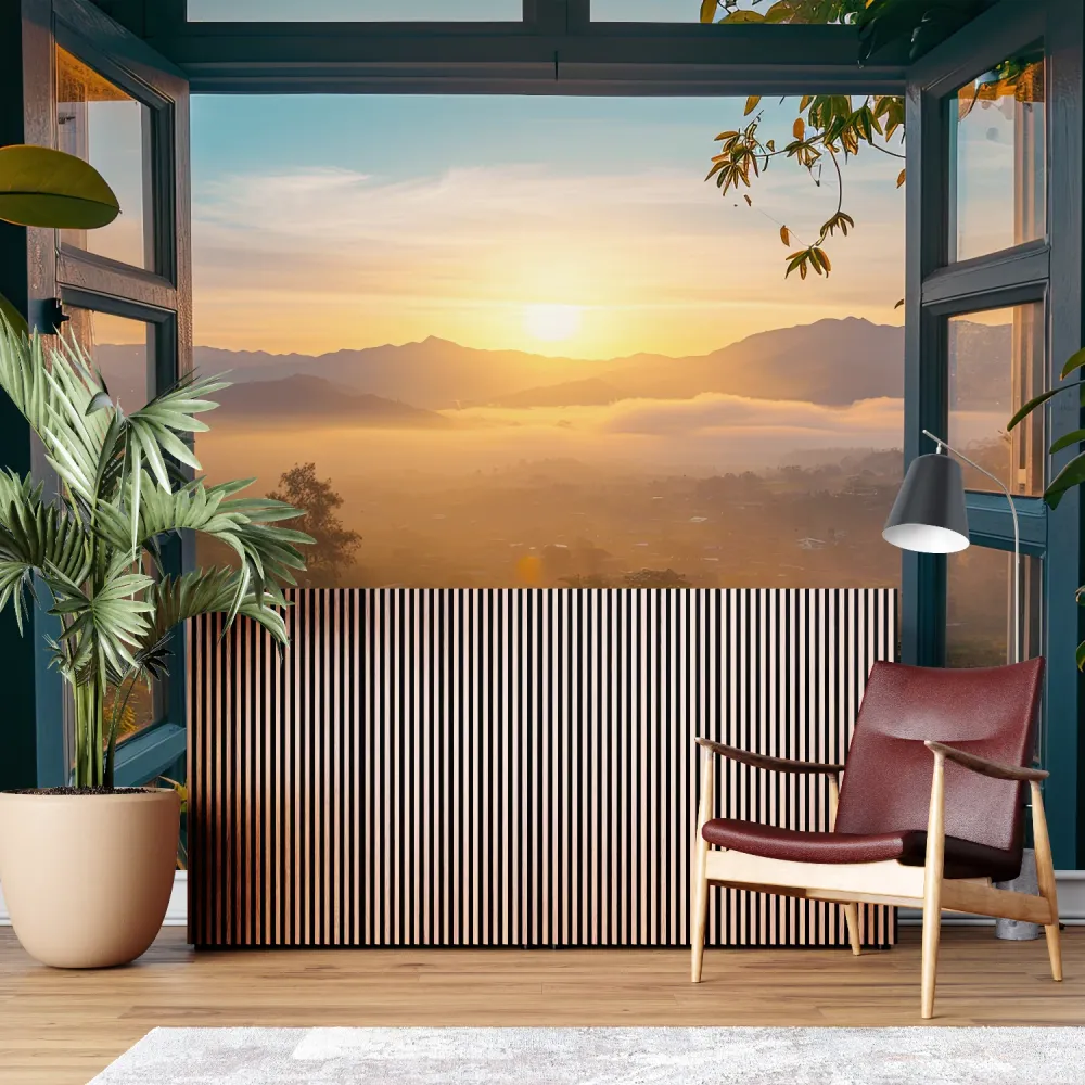 Papier Peint Mural Montagne | Vue de Fenêtre au Coucher du Soleil