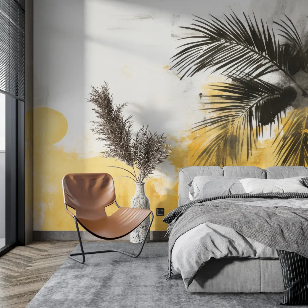 Papier Peint Mural Tropical | Feuilles de Palmier avec Design de Coucher de Soleil Jaune