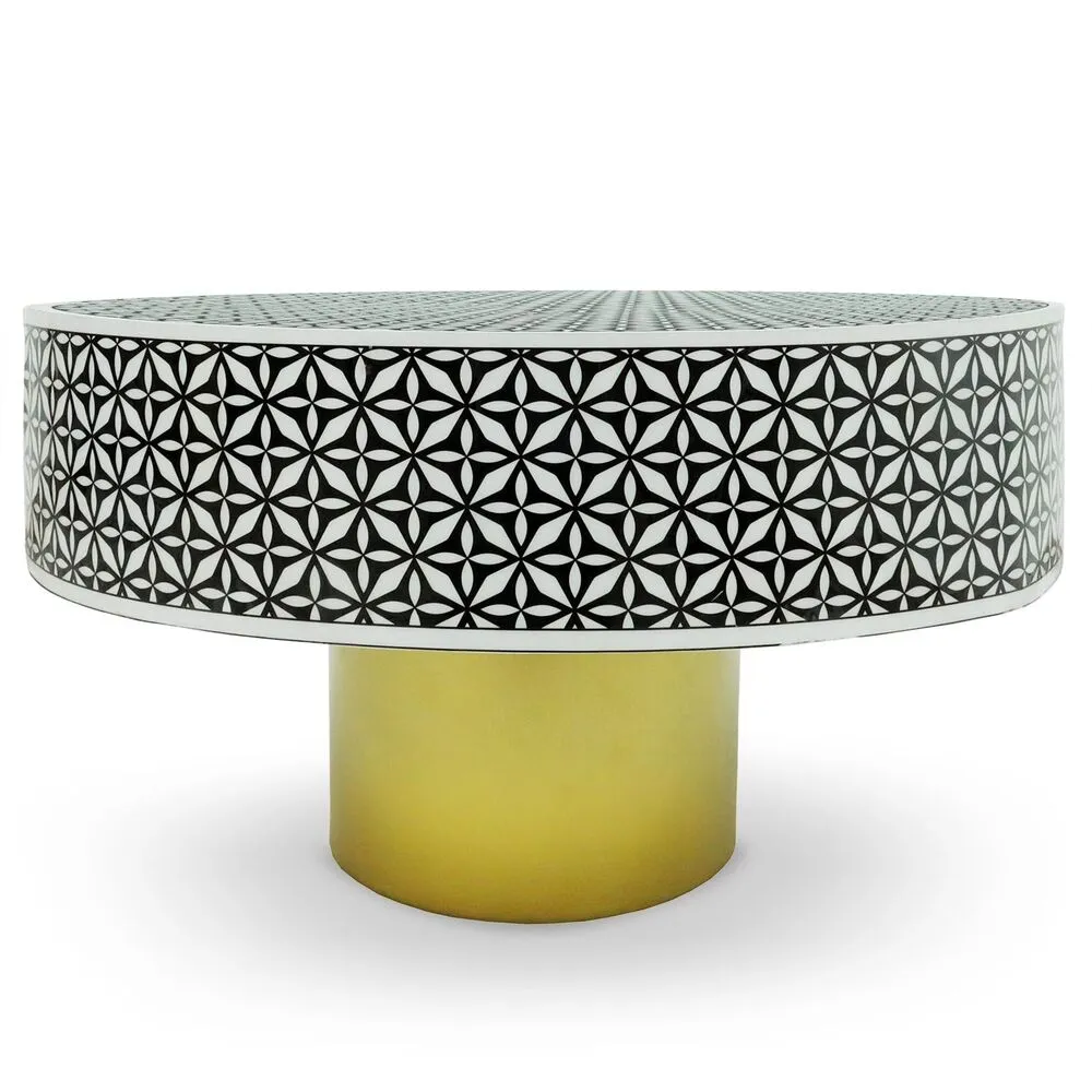 Table basse ronde style arty Ø71cm Viliana Motif géométrique Noir et pied Or