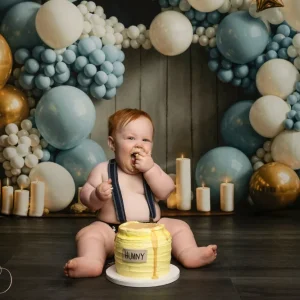 Toile de fond Smash Cake Bleu Or Étoiles Arche de Ballons Anniversaire MRR9-90