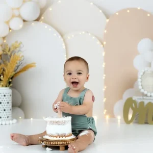 Toile de fond Smash Cake Minimaliste Arche Ballons Blancs Anniversaire MRR9-36