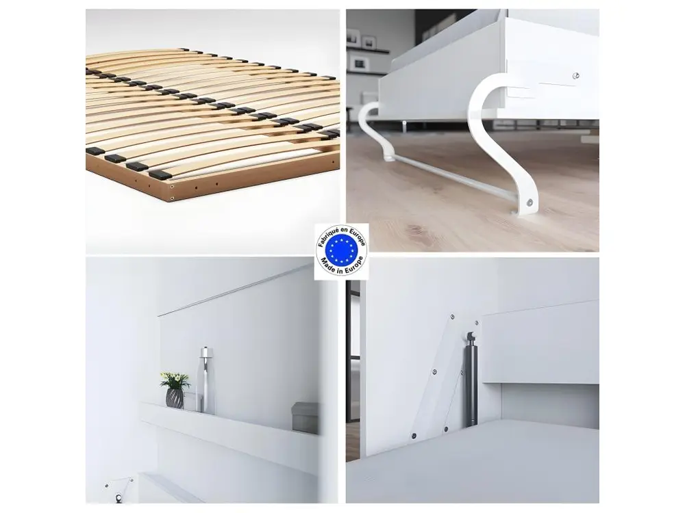 Lit escamotable +2 Placards Vertical 120x200+(100x2)cm Lit Rabattable Lit Mural Régulier Blanc/blanc