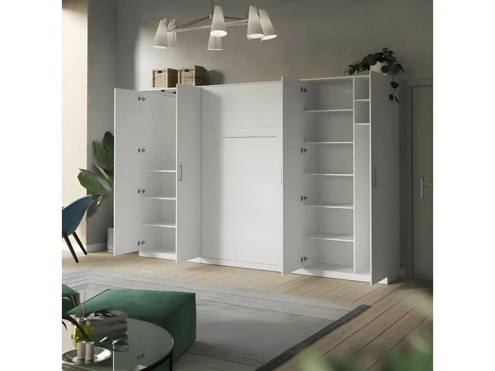 Lit escamotable +2 Placards Vertical 120x200+(100x2)cm Lit Rabattable Lit Mural Régulier Blanc/blanc