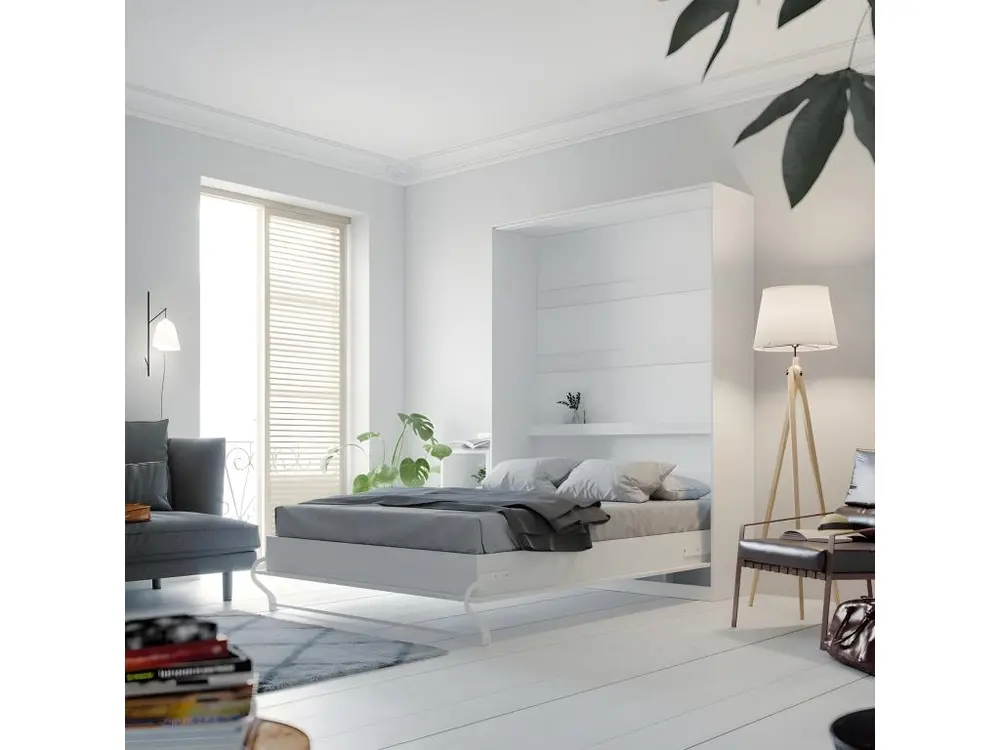 Lit escamotable +2 Placards Vertical 120x200+(100x2)cm Lit Rabattable Lit Mural Régulier Blanc/blanc