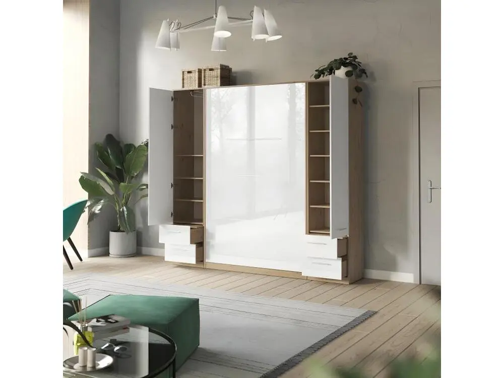 Lit escamotable +2 Placards Vertical 120x200+(50x2)cm Lit Rabattable Lit Mural Normal Chêne Sauvage/blanc brillant