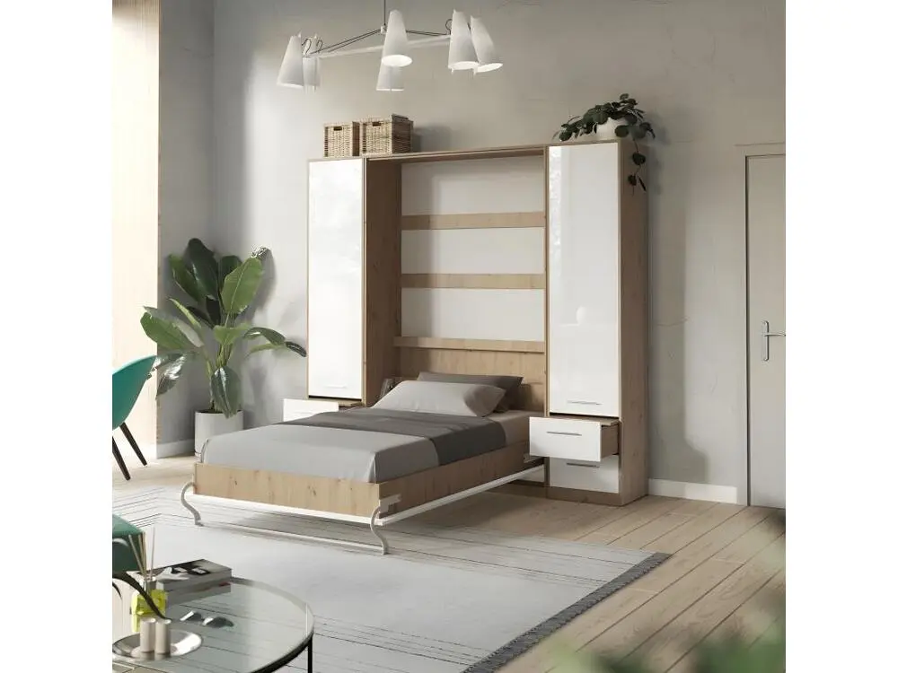 Lit escamotable +2 Placards Vertical 120x200+(50x2)cm Lit Rabattable Lit Mural Normal Chêne Sauvage/blanc brillant