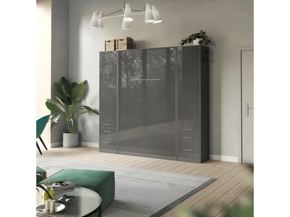 Lit escamotable +2 Placards Vertical 120x200+(50x2)cm Lit Rabattable Lit Mural Régulier Anthracite/Anthracite brillant